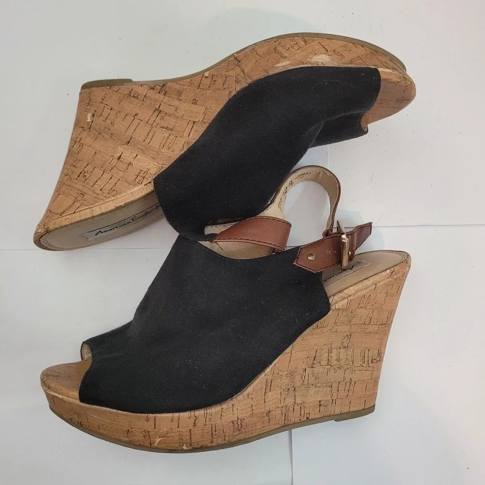 American Eagle Wedge Sandals Womens 8.5 Black Cork Platform Slingback Shoes
